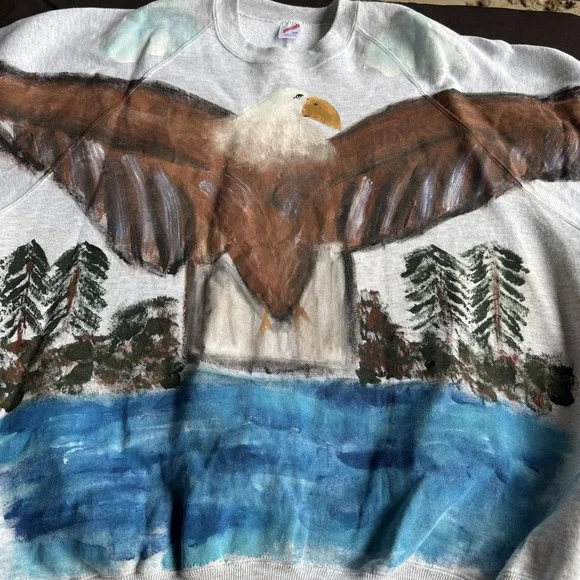 Vintage Bald Eagle Sweatshirt Mens 3XL Gray Jerzees Hand Painted USA 90s - Picture 3 of 8